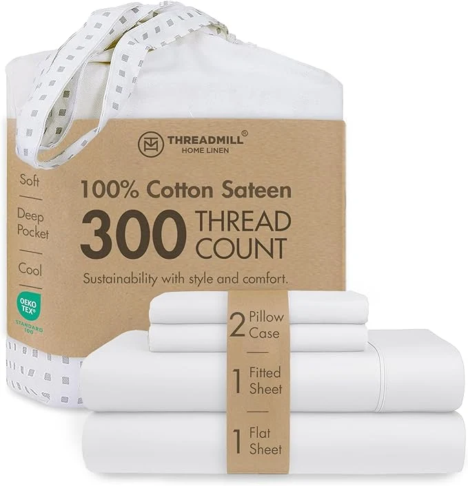 Secure Threadmill Cotton Queen Sheet Set – Cotton Damask Jacquard Sheets With 16 quot Deep Pocket – Soft Sateen Weave 4-Piece Cooling Bedding for Queen Size Bed – White Specialty