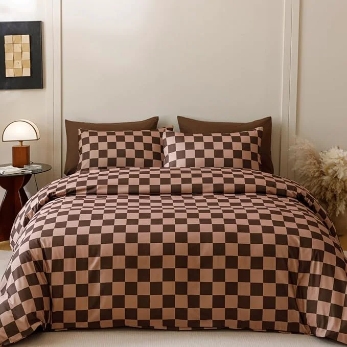 Sustainable CLOTHKNOW Dark Brown Plaid King Size Comforter Set Grid Bedding Comforter Sets Soft Checker Geometric Comforter with 2 x Pillow Cases Minimalist