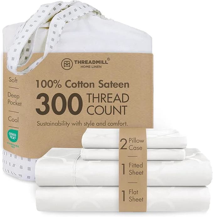 Healthy Threadmill Cotton Twin Sheet Set Cotton Sheets for Twin Size Bed Damask Jacquard Sateen Twin Bed Sheets Set with 16 Deep Pocket Soft Breathable 3-Piece Cooling Sheet Set White Sustainable
