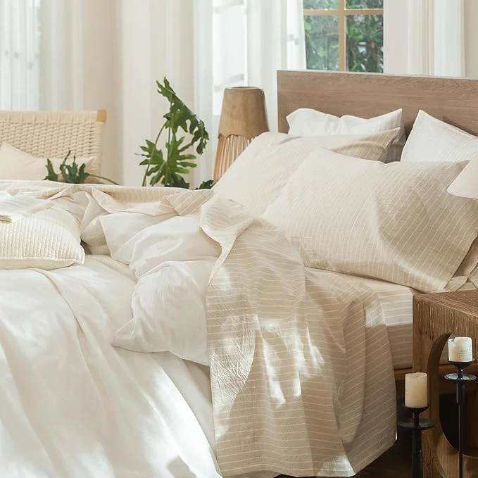 Trusted MooMee Striped Sheet Set Washed Cotton Linen Like Textured Breathable Durable Soft Comfy Almond Milk Grey White Wide Stripes King Versatile