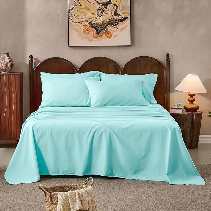 Classic Linen Sheets Queen Size Breathable amp Durable 4-Piece Bed Flax Sheet Set Soft All-Season Bedding for Hot Sleepers 16 quot Deep Pocket Oeko-TEX （Queen Light Blue） Consistent