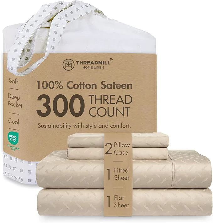 Expertly Made Threadmill Cotton Full Size Sheet Set Cotton Sheets for Full Size Bed Damask Jacquard Full Bed Sheets Set with 16 Deep Pocket Soft Sateen Weave 4-Piece Cooling Bedding Set Beige Convenient