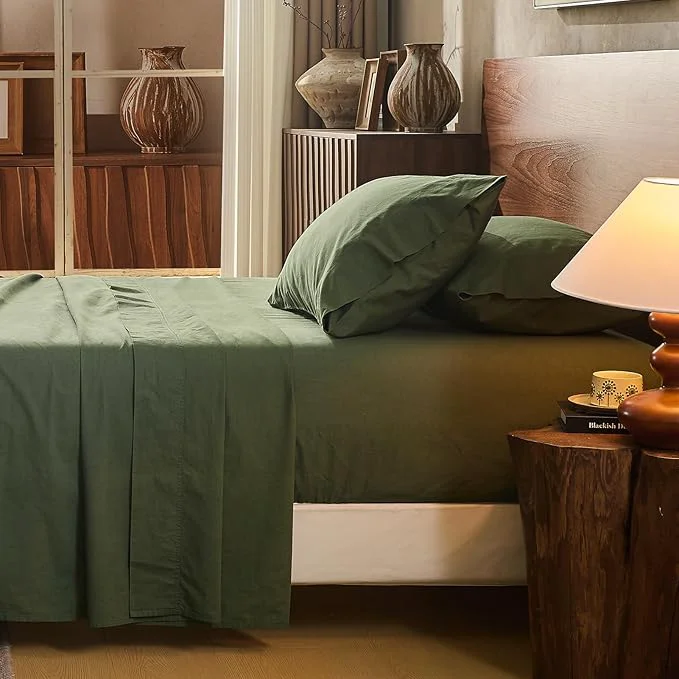 Stylish Linen Sheet Set Queen Size Extra Deep Pocket Fits 18-24 Inch Mattress Breathable amp Soft Smooth 4-Piece Set for Thick Mattresses Hotel Luxury Bedding（Queen Forest Green） Elegant