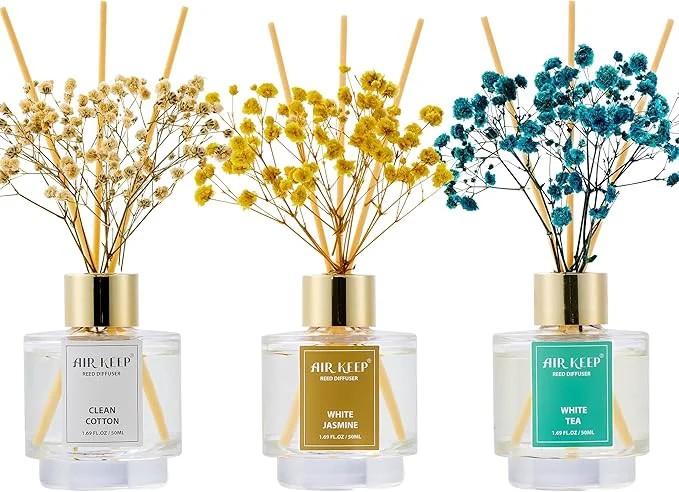 Eco-Friendly Airkeep Reed Diffuser Set of 3 Clean Cotton White Jasmine White Tea Oil Reed Smart