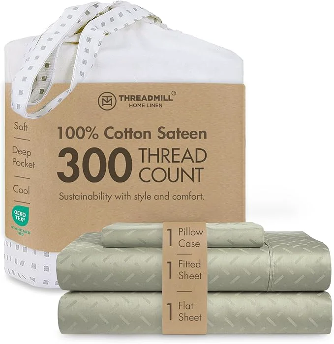 Exclusive Threadmill Cotton Twin XL Sheet Set Cotton Sheets for Twin XL Size Bed Damask Jacquard Sateen Twin XL Bed Sheets Set with 16 Deep Pocket Soft Breathable 3 pc Cooling Sheet Set Sage Green Minimalist