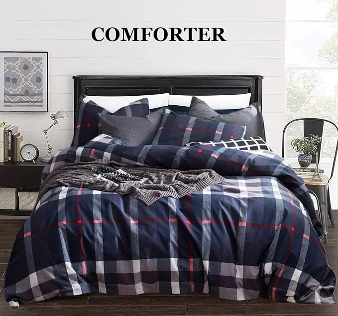 Fine CLOTHKNOW Blue Plaid Twin Comforter Set 3Pcs Tartan Buffalo Bedding Comforter Sets Soft Geometric Grid Comforter with 2 x Pillow Cases User-Friendly