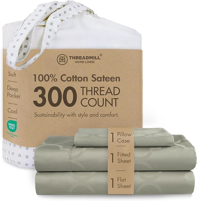 Natural Threadmill Cotton Twin XL Sheet Set Cotton Sheets for Twin XL Size Bed Damask Jacquard Sateen Twin XL Bed Sheets Set with 16 Deep Pocket Soft Breathable 3-Piece Cooling Sheet Set Sage Classic