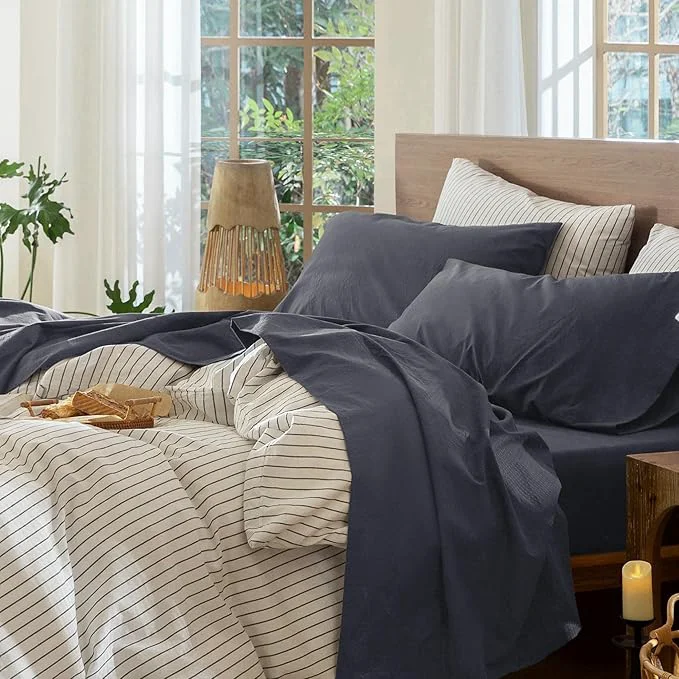 Pure MooMee Bedding Sheet Set Washed Cotton Linen Like Textured Breathable Durable Soft Comfy Solid Deep Grey King Premium Material