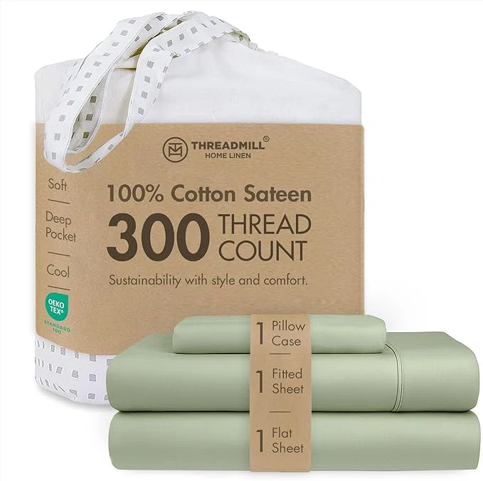 Contemporary Threadmill Cotton Twin XL Sheet Set Cotton Sheets for Twin XL Size Bed Solid Sateen Twin XL Bed Sheets Set with 16 Deep Pocket Soft Breathable 3-Piece Cooling Sheet Set Sage Green World-Class