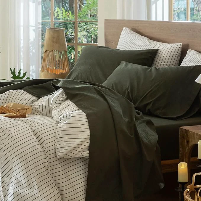 Detailed MooMee Bedding Sheet Set Washed Cotton Linen Like Textured Breathable Durable Soft Comfy Solid Olive Green Queen