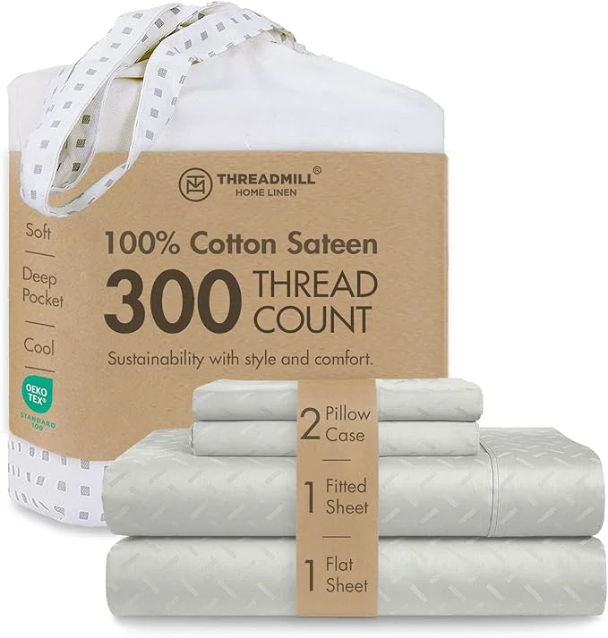 Efficient Threadmill Cotton Sheets for King Size Bed 4 Pc King Bed Sheets Set Soft Breathable Lightweight Damask Sateen for All-Season Use Snug Fit Elastic Deep Pocket King Sheets Light Grey Elegant