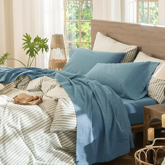 Stylish MooMee Bedding Sheet Set Washed Cotton Linen Like Textured Breathable Durable Soft Comfy Heathered Peacock Blue King Fashionable