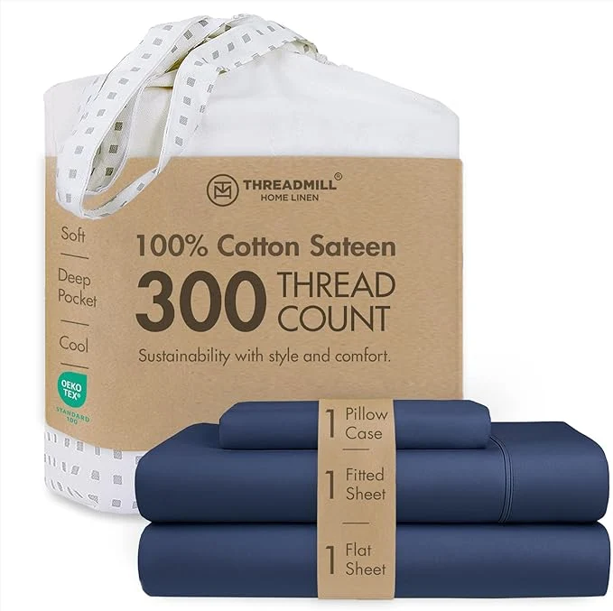 Lightweight Threadmill Cotton Twin XL Sheet Set Cotton Sheets for Twin XL Size Bed Solid Sateen Twin XL Bed Sheets Set with 16 Deep Pocket Soft Breathable 3-Piece Cooling Sheet Set Folkstone Blue Fine Crafted