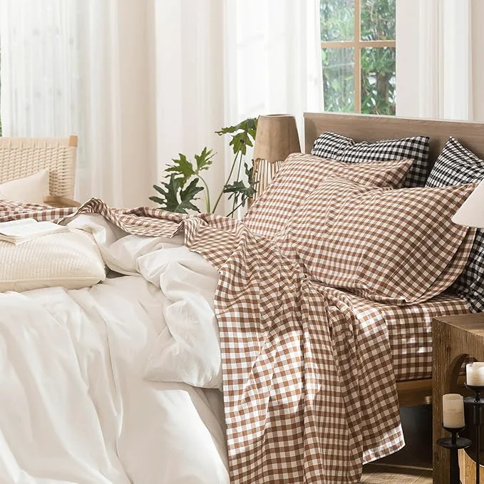 Effective MooMee Gingham Sheet Set Washed Cotton Linen Like Textured Breathable Soft w Fully Elasticized 16-19 quot Deep Pocket Classic Gingham Dark Orange Queen