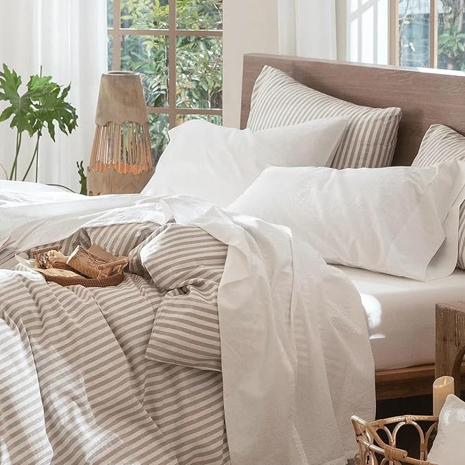 Optimized MooMee Bedding Sheet Set Washed Cotton Linen Like Textured Breathable Durable Soft Comfy Solid Off White King Environmentally Friendly