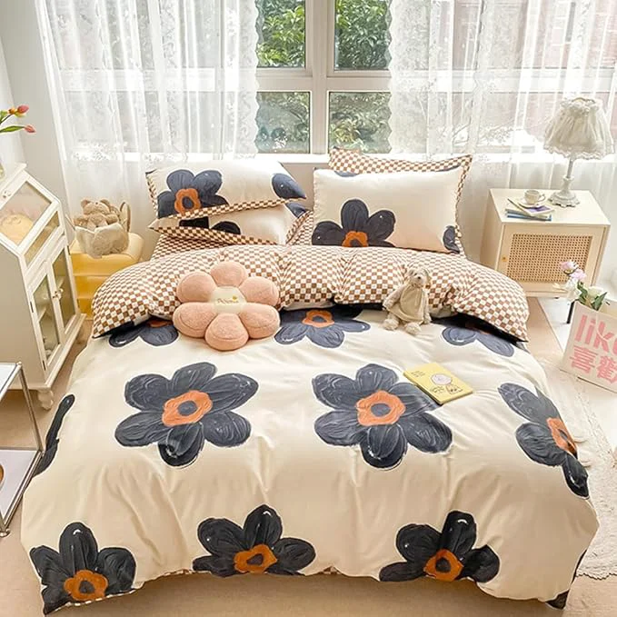 Relaxed CLOTHKNOW Black Sunflower California King Comforter Set 3Pcs Floral Bedding Comforter Sets Brown Grid Comforter Boho Comforter Sets Cal King Traditional