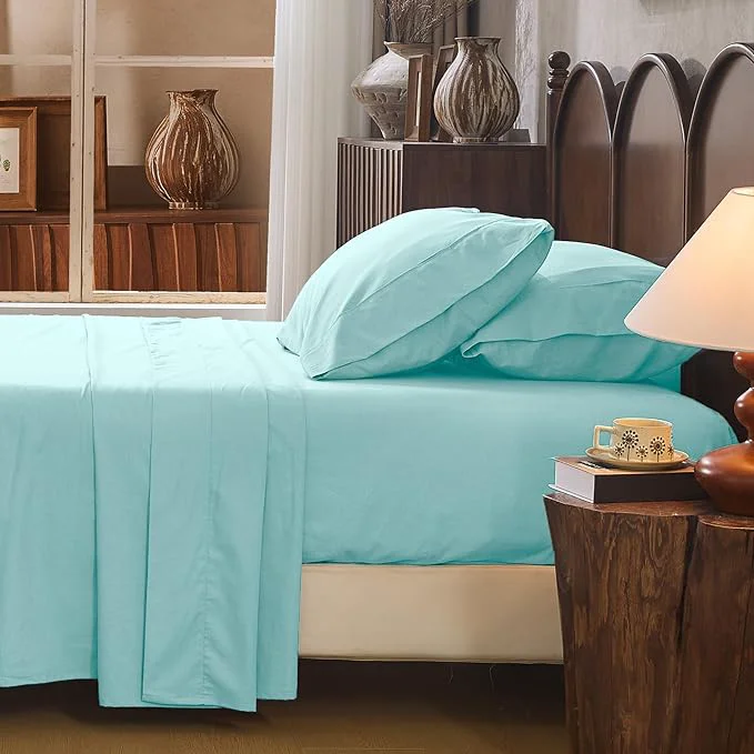 Minimalist Linen Sheet Set Cal King Size Extra Deep Pocket Fits 18-24 Inch Mattress Breathable amp Soft Smooth 4-Piece Set for Thick Mattresses Hotel Luxury Bedding（Cal King Light Blue） Safe