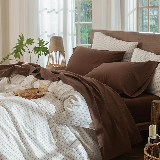 Reusable MooMee Bedding Sheet Set Washed Cotton Linen Like Textured Breathable Durable Soft Comfy Solid Cocoa Brown Full Fine