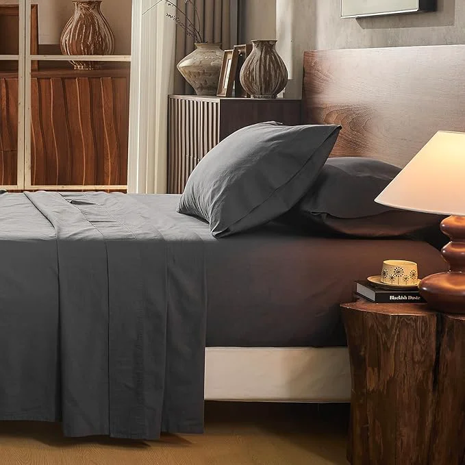 Natural Linen Sheet Set King Size Extra Deep Pocket Fits 18-24 Inch Mattress Breathable amp Soft Smooth 4-Piece Set for Thick Mattresses Hotel Luxury Bedding（King Dark Grey） Expertly Made