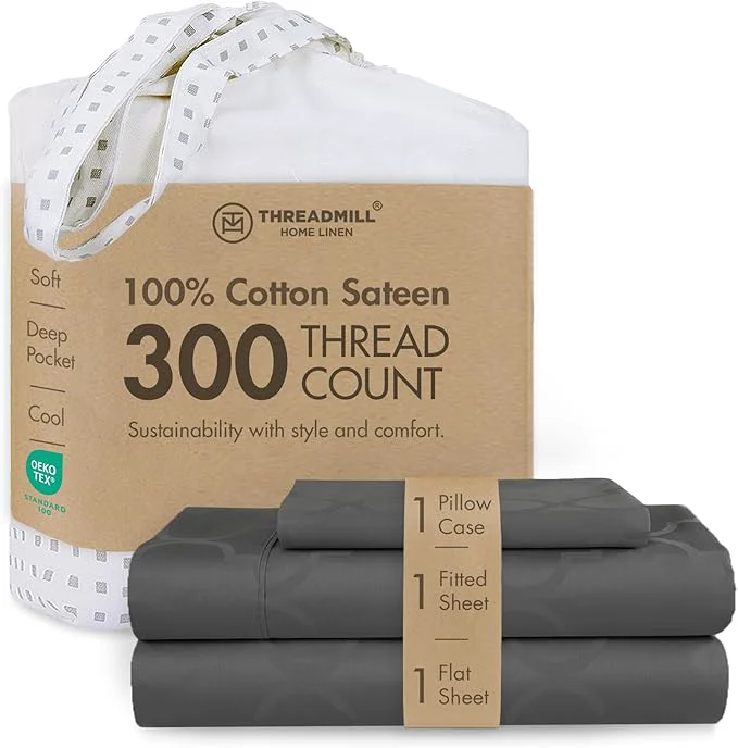 Convenient Threadmill Cotton Twin Sheet Set Cotton Sheets for Twin Size Bed Damask Jacquard Sateen Twin Bed Sheets Set with 16 Deep Pocket Soft Breathable 3-Piece Cooling Sheet Set Dark Grey High-Quality