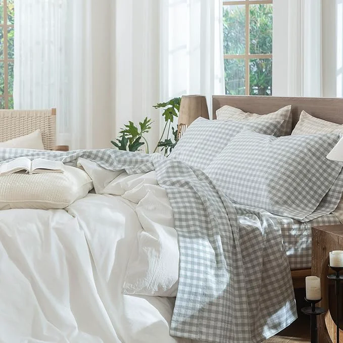 Exceptional MooMee Gingham Sheet Set Washed Cotton Linen Like Textured Breathable Soft w Fully Elasticized 16-19 quot Deep Pocket Classic Gingham Northern Droplet Grey King Unique