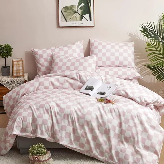 Authentic CLOTHKNOW Pink White Plaid King Size Comforter Set Grid Bedding Comforter Sets Soft Checker Geometric Comforter for Girls Women Versatile