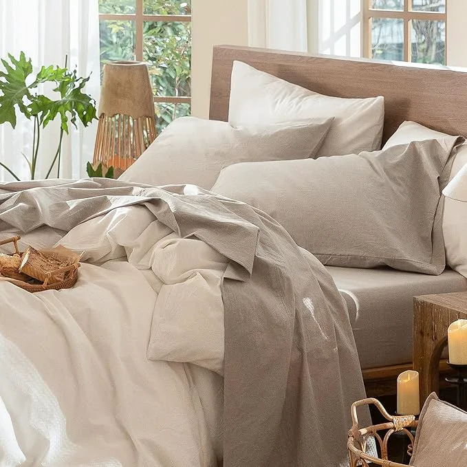 Genuine MooMee Bedding Sheet Set Washed Cotton Linen Like Textured Breathable Durable Soft Comfy Heathered Tannish Linen Grey Full Fashionable