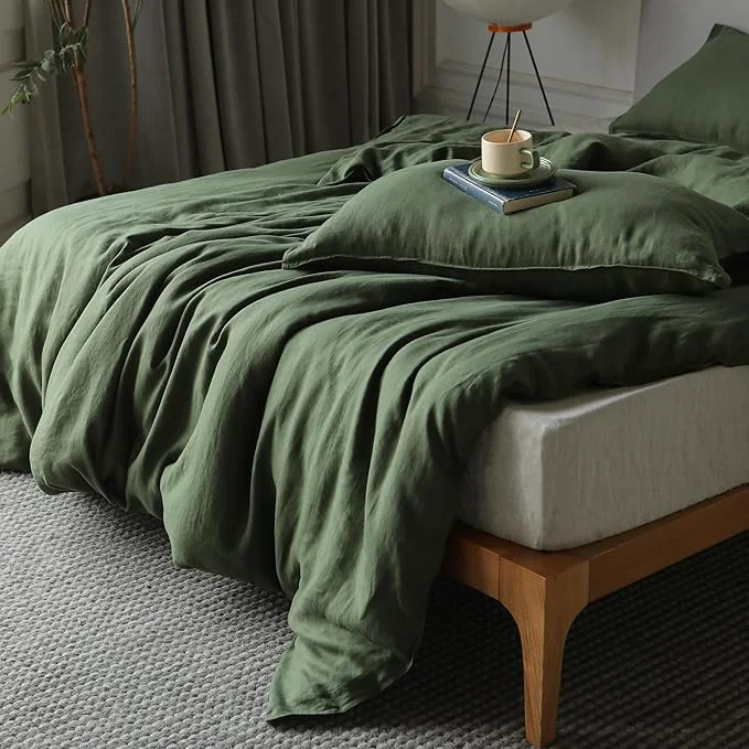 Safe XZ XIFA Green Linen Duvet Cover Queen Washed French Flax Linen Bedding with Zipper Closure Cooling for Hot Sleepers Textured Bed Sets – 1 Duvet Cover and 2 Pillowcases High-End