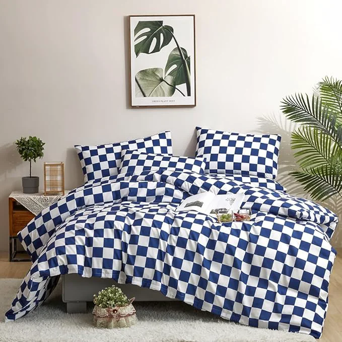 Durable CLOTHKNOW Blue White Plaid Full Size Comforter Set 3Pcs Grid Bedding Comforter Sets Soft Blue Comforter with 2 x Pillow Cases Secure