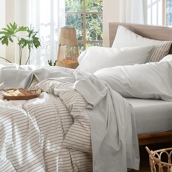 Stylish MooMee Bedding Sheet Set Washed Cotton Linen Like Textured Breathable Durable Soft Comfy Solid Light Tan California King Safe