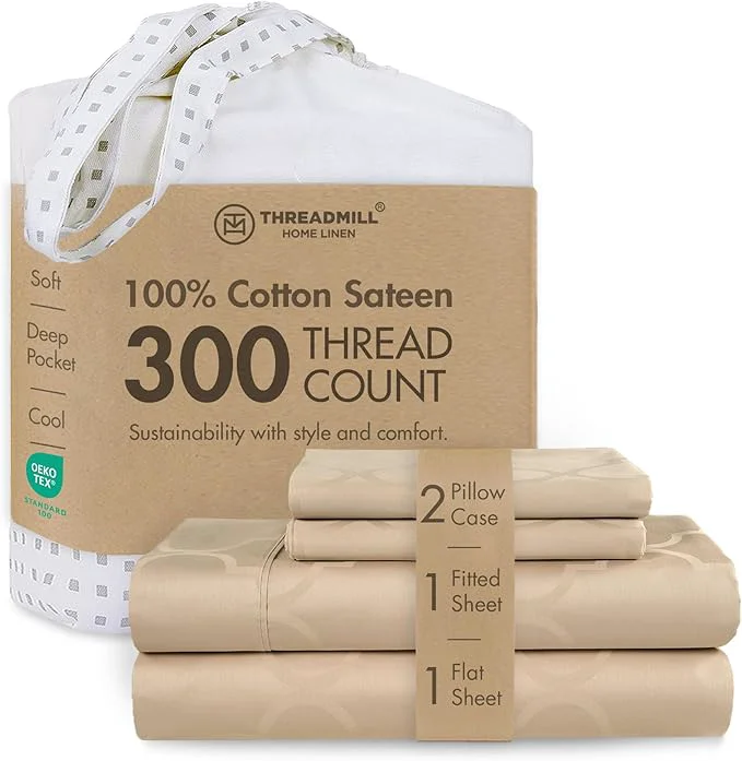 Proven 300 Thread Count Jacquard Tradition Light Beige Queen Sheets – Cotton Breathable Silky Soft Damask Sheets – 3 Pc Bed Sheet Set Elasticized Deep Pockets – Wrinkle Bedding Sheets by Threadmill Outstanding