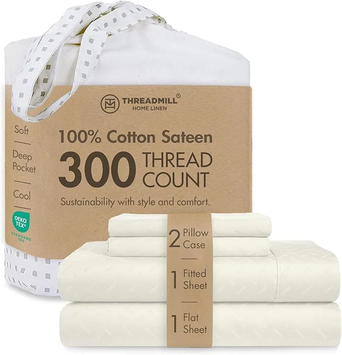 Exceptional Threadmill Cotton Queen Sheet Set Cotton Sheets for Queen Size Bed Damask Jacquard Queen Bed Sheets Set with 16 Deep Pocket Soft Sateen Weave 4-Piece Cooling Bedding Set Ivory User-Friendly