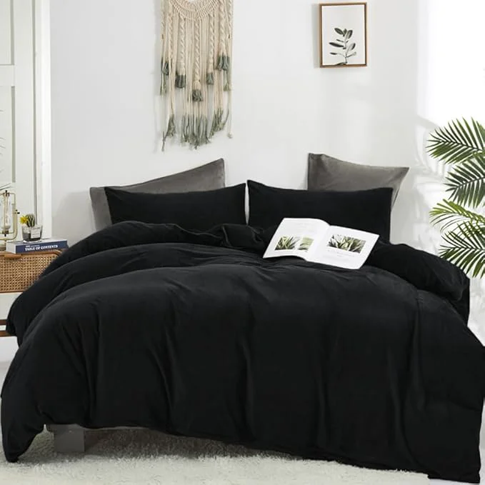 High-End CLOTHKNOW Black King Size Comforter Set Velvet Bedding Comforter Sets Soft Comforter Cozy Black Comforter with 2 x Pillowcases Official