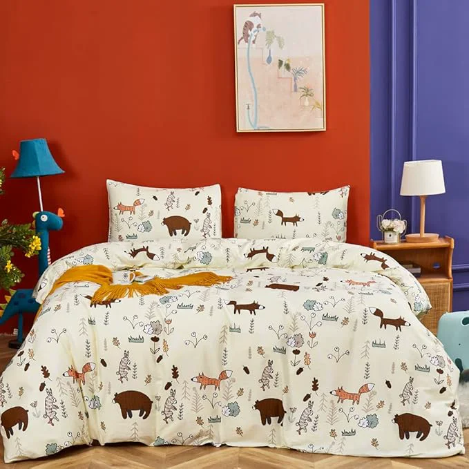 Quality CLOTHKNOW Yellow Animal Comforter Sets Full Size Kids Bedding Comforter Sets Cartoon Fox Theme Woodland Forest Bedding with 2 x Pillow Cases Specialty