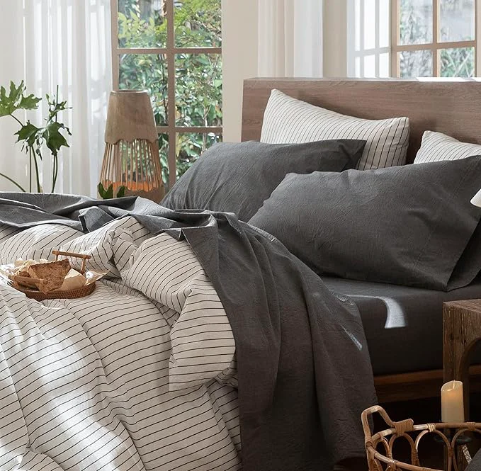 Fine Crafted MooMee Bedding Sheet Set Washed Cotton Linen Like Textured Breathable Durable Soft Comfy Heathered Dark Grey California King Recyclable