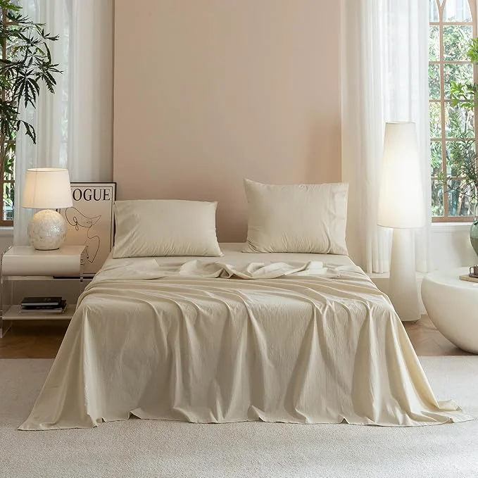 High-End JIYUAN California King Size Sheet Set 4-Piece – Washed Cotton Linen-Like Soft amp Breathable Includes Deep Pocket Fitted amp Flat Sheet with 2 Pillowcases Hotel Quality Heathered Beige First-Class