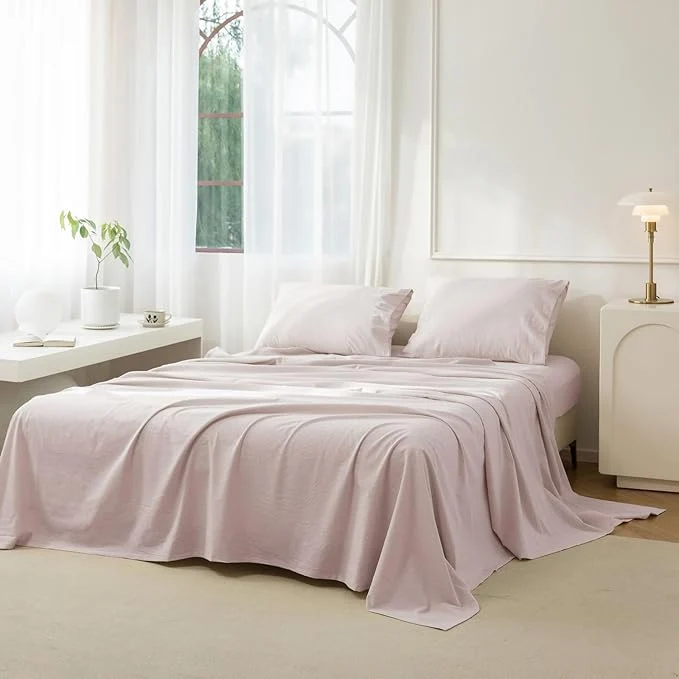 Prestigious JIYUAN King Size Sheet Set 4-Piece – Washed Cotton Linen-Like Soft amp Breathable Includes Deep Pocket Fitted amp Flat Sheet with 2 Pillowcases Hotel Quality Heathered Greyish Pink Clean