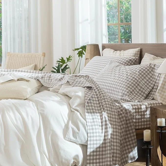 Quality MooMee Gingham Sheet Set Washed Cotton Linen Like Textured Breathable Soft w Fully Elasticized 16-19 quot Deep Pocket Classic Gingham Tannish Linen Grey King Refined