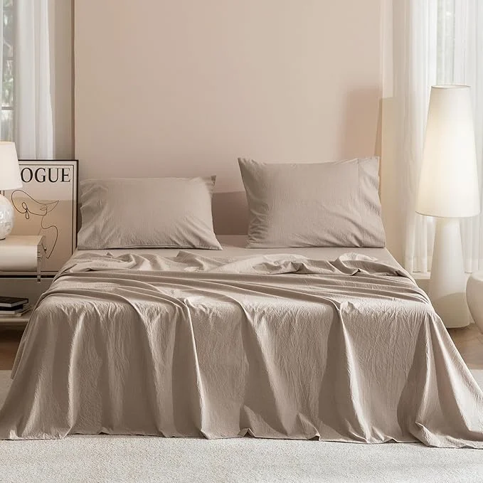 Smooth JIYUAN King Size Sheet Set 4-Piece – Washed Cotton Linen-Like Soft amp Breathable Includes Deep Pocket Fitted amp Flat Sheet with 2 Pillowcases Hotel Quality Heathered Warm Taupe Carefully Designed