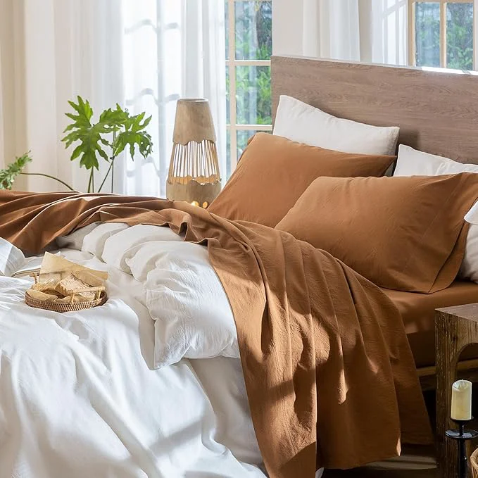 Original Design MooMee Bedding Sheet Set Washed Cotton Linen Like Textured Breathable Durable Soft Comfy Solid Dark Orange Queen Contemporary