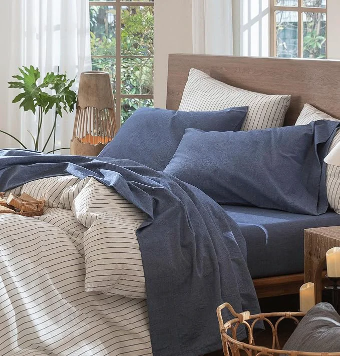 Enhanced MooMee Bedding Sheet Set Washed Cotton Linen Like Textured Breathable Durable Soft Comfy Heathered Blue King Superior