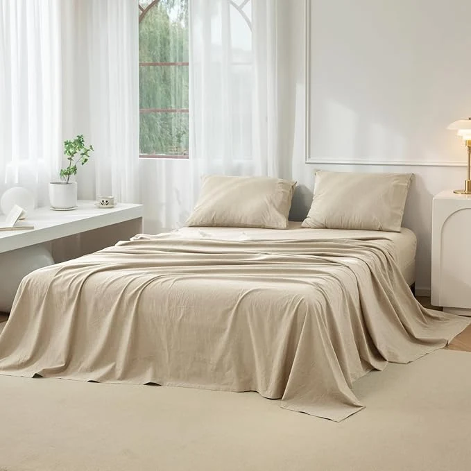 Sophisticated JIYUAN King Size Sheet Set 4-Piece – Washed Cotton Linen-Like Soft amp Breathable Includes Deep Pocket Fitted amp Flat Sheet with 2 Pillowcases Hotel Quality Heathered Tan Stylish