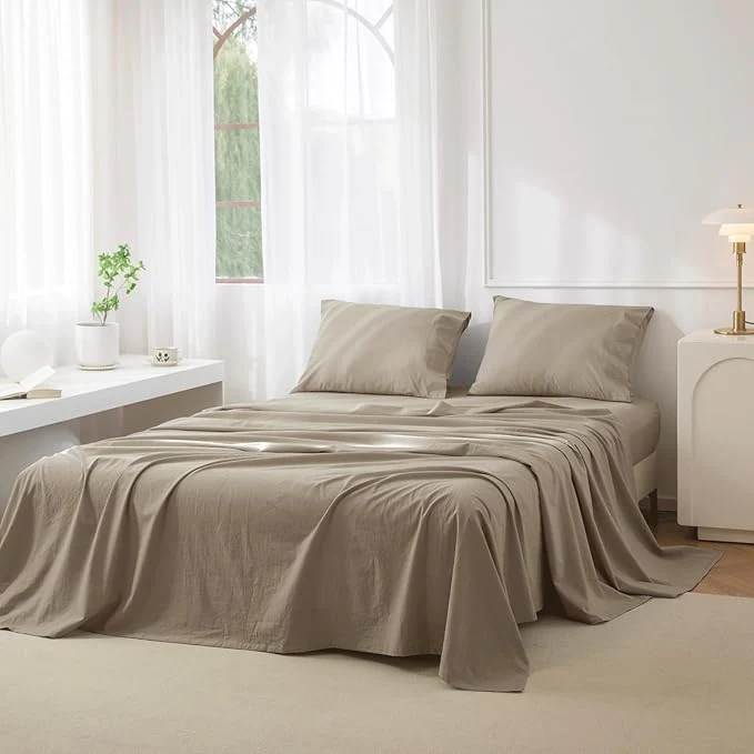 Dependable JIYUAN Full Size Sheet Set 4-Piece – Washed Cotton Linen-Like Soft amp Breathable Includes Deep Pocket Fitted amp Flat Sheet with 2 Pillowcases Hotel Quality Solid Khaki Certified