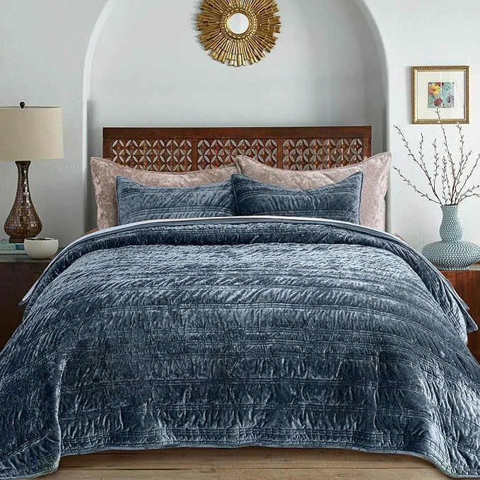 Contemporary EVERGRACE Luxury Ruched Velvet Quilt King Size Ultra Soft Bedspread Coverlet Set Lightweight Velvet Comforter Quilted Bedding Cover with 2 Matching Shams for All Season Stormy Blue Exclusive