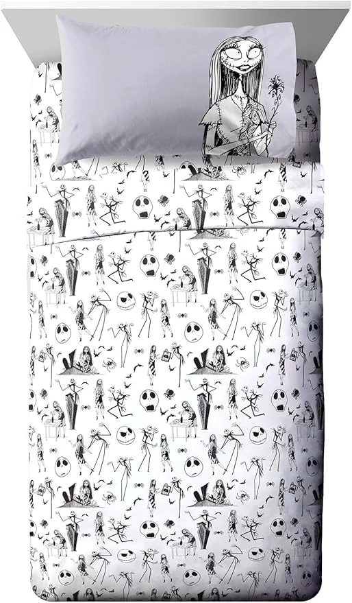 Official Jay Franco Kids Sheet Set with Fitted Flat Sheets amp Pillow Cover – Ultra-Soft Bedding with Pillowcase for Room Decor White – Nightmare Before Christmas 4 Piece Full Elite