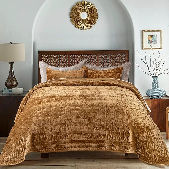 Proven EVERGRACE Luxury Ruched Velvet Quilt King Size Ultra Soft Bedspread Coverlet Set Lightweight Velvet Comforter Quilted Bedding Cover with 2 Matching Shams for All Season Gold Yellow Fine