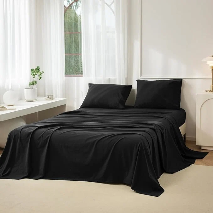 Detailed JIYUAN King Size Sheet Set 4-Piece – Washed Cotton Linen-Like Soft amp Breathable Includes Deep Pocket Fitted amp Flat Sheet with 2 Pillowcases Hotel Quality Solid Black Easy-to-Use