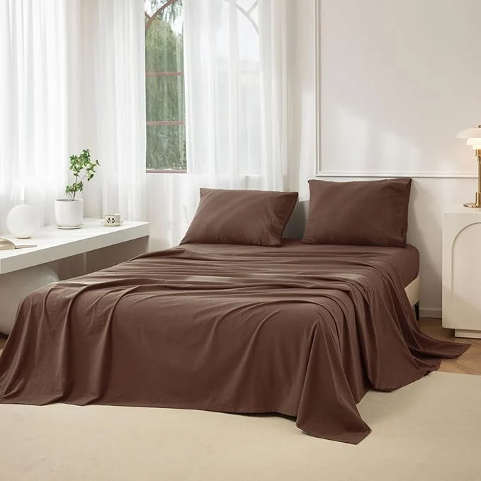 Exceptional JIYUAN Full Size Sheet Set 4-Piece – Washed Cotton Linen-Like Soft amp Breathable Includes Deep Pocket Fitted amp Flat Sheet with 2 Pillowcases Hotel Quality Solid Chocolate Brown Luxury