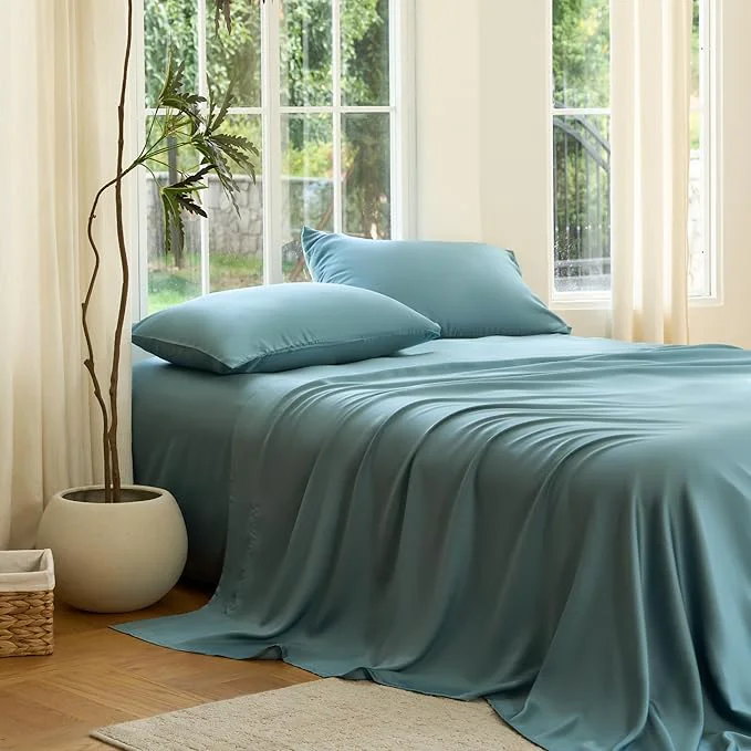Expertly Made DOZ Sheet Set Viscose derived from Bamboo Organically Grown Buttery Soft Cooling Sheets High GSM Deep Pockets – 4 Piece – 2 Pillowcases 1 Fitted 1 Top Sheet Teal Cal King User-Friendly