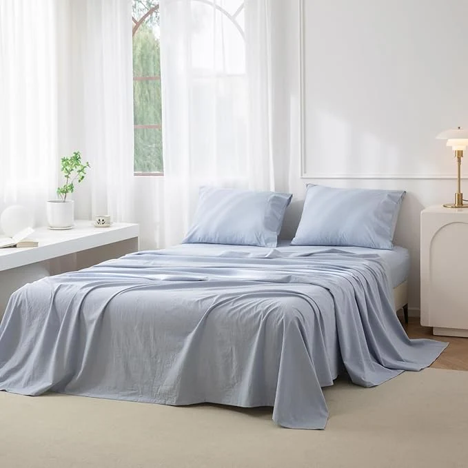 Versatile JIYUAN Queen Size Sheet Set 4-Piece – Washed Cotton Linen-Like Soft amp Breathable Includes Deep Pocket Fitted amp Flat Sheet with 2 Pillowcases Hotel Quality Heathered Light Blue Innovative